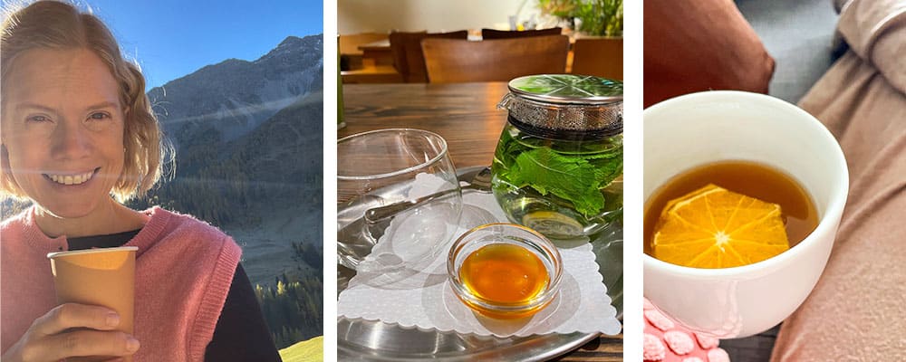 Woman drinking hot tea as a paus and pacing strategy, and a collage of different tea drinking settings